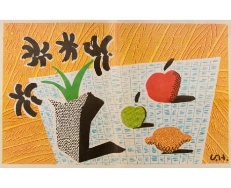 •DAVID HOCKNEY (b. 1937) TWO APPLES & ONE LEMON & FOUR FLOWERS coloured print 34.5 by 54.5 cm; 13½ in by 21½ in unframed