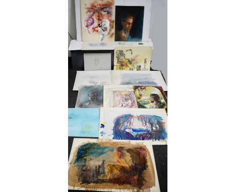 British School, 20th Century - A collection of studio works, including a mixed media collage on board, 69 x 54cms, a portrait