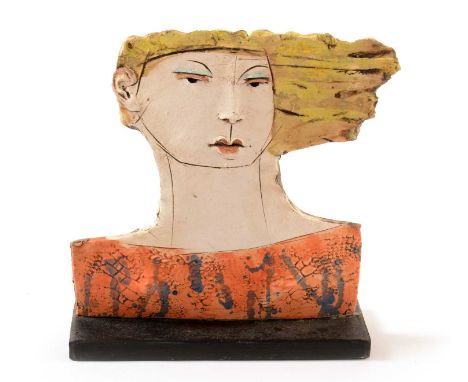 Christy Keeney - Lady with blonde hair, a ceramic sculpture with pressed and incised decoration, picked out in colours, signe