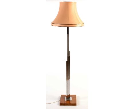 An Art Deco chromed metal lamp standard, with modern canted and tapered rectangular shade, on walnut square base, 186cms high