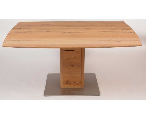 Venjakob light oak extending dining table, shaped rectangular, on square column with square polished steel base, 150 x 90 x 7