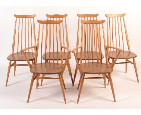Ercol: a set of six light beech and elm 'Goldsmith Windsor' dining chairs, Model No's. 369 and 369A.