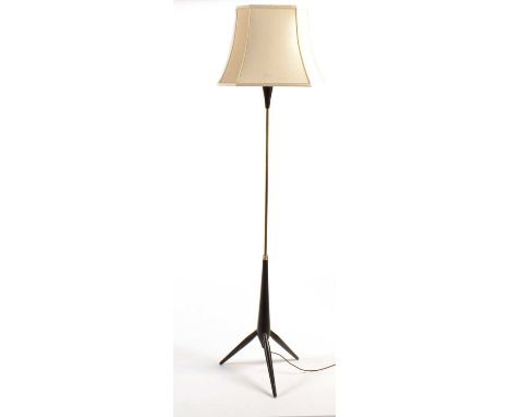 A mid 20th Century 'Sputnik' style lamp standard, modern shade, brass stem and ebonised tripod base, 179cms high.