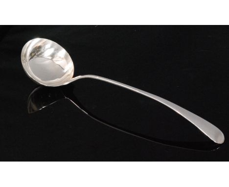 A George III hallmarked silver old English pattern soup ladle of plain form, length 35cm, London 1786, Hester Bateman. 