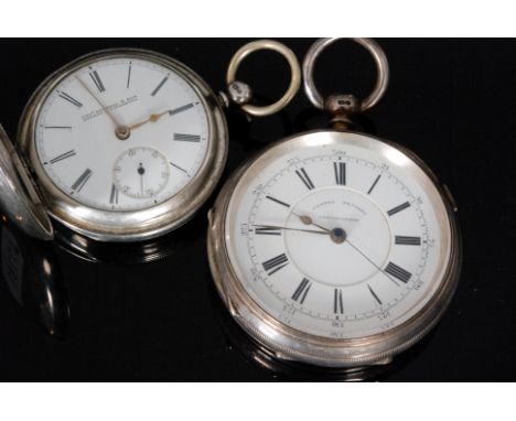 A hallmarked silver open faced, key wind chronograph pocket watch, Roman and Arabic numerals to a white enamelled dial, Londo