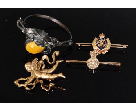 Two 9ct Royal Engineers bar brooches, one with enamelled decoration, the other set with a single diamond, together with a sil
