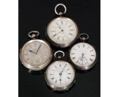 Four 19th Century hallmarked silver open faced key wind pocket watches to include a chronograph and an English lever example,