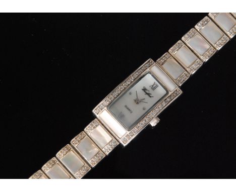 A Sterling silver and mother of pearl Woodford lady's quartz bracelet wristwatch, of rectangular outline, the mother of pearl