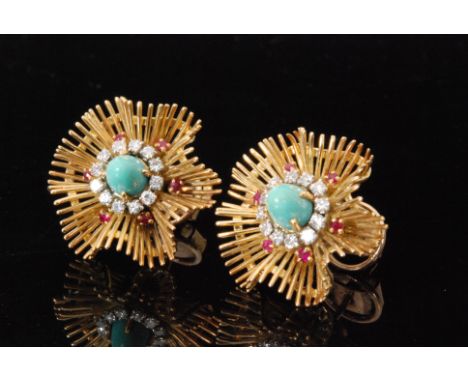 A pair of 1970s 18ct diamond, ruby and turquoise stud earrings modelled as stylised flowers, central turquoise within a borde