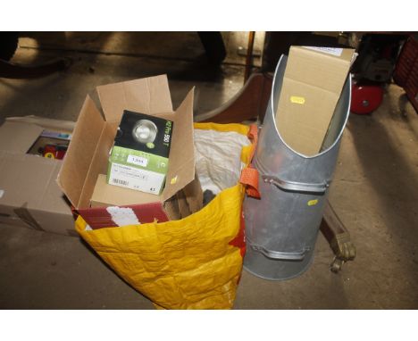 A coal scuttle, led light, a bag containing door and window furniture, a box containing radiator valves and fittings 