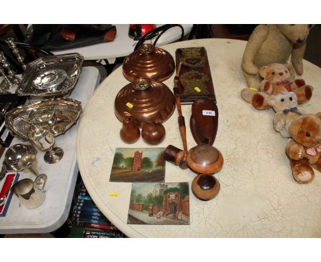 Two oils on panels, one signed T A; a wooden trinket box, a brass inlaid extending book rest; two copper bed warmers; a pipe 