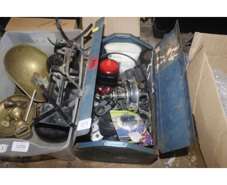 A metal tool box and contents of bicycle spares 
