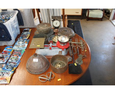 A collection of various metal ware to include Salter scales, fire irons etc