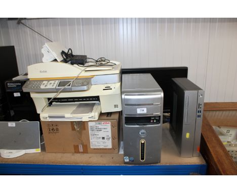 A Dell computer; a Lenovo computer; a monitor and a Kodak printer