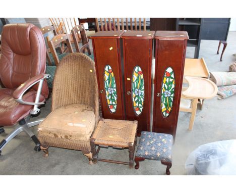 Three reproduction CD racks; two stools and a Loom chair