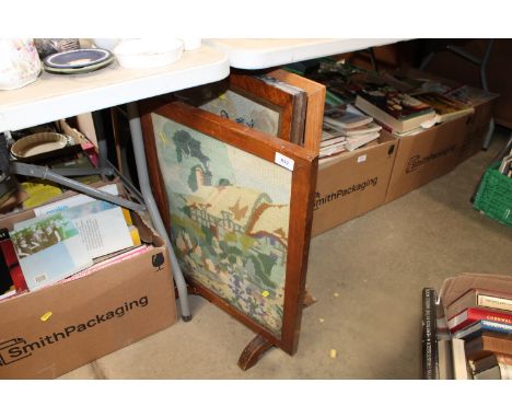 Two fire screens; a faux birds eye maple framed tapestry; a wall mirror; various other prints