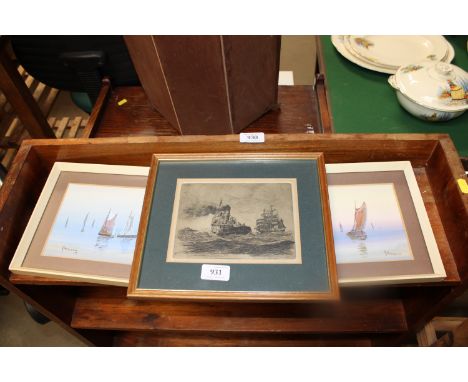 R Parkin, pencil signed etching 'The Tug' and two watercolour studies of sailing boats