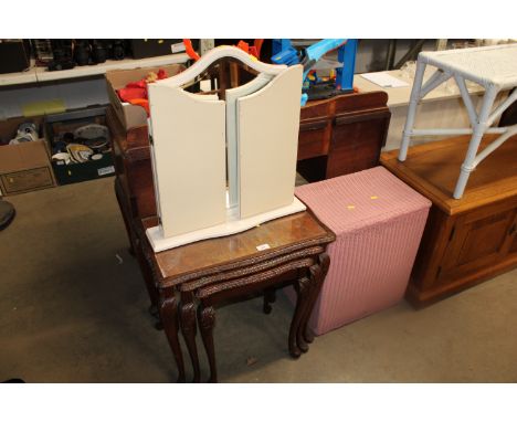 A nest of three tables; a Loom storage basket and a dressing table mirror