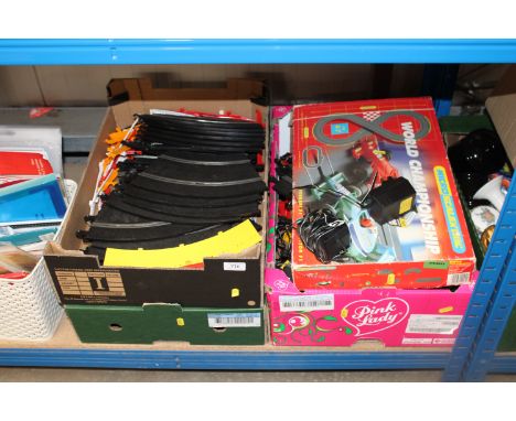 Three boxes containing various Scalextric and a Micro Scalextric World Championship set, unknown if complete