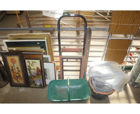 A sack barrow, plastic trug, galvanised pale, plastic buckets etc 