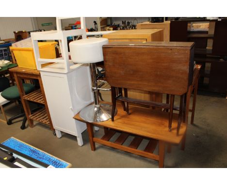 A mahogany gate leg occasional table; a bar stool; a white storage cupboard; a white painted chair; a teak effect coffee tabl