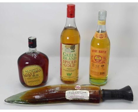 Coronation Khukri Special rum from the Nepal distilleries, Kathmandu-Nepal, in glass kukri decanter; together with unidentifi