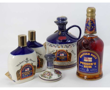 British Navy Pusser's rum, 70cl, 54.5%, one bottle; together with The Nelson's Blood example in ceramic decanter, 100cl, 42%;