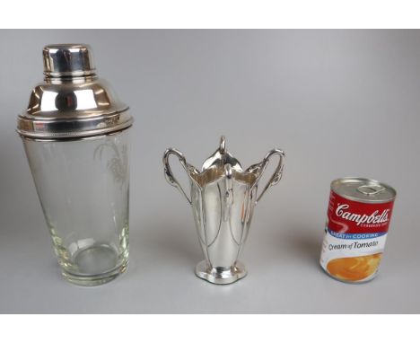 Interesting silver plate Art Nouveau style vase along with a cocktail shaker by James Dickson &amp; Sons 