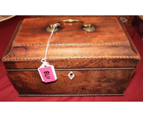 A George III mahogany tea caddy, the pagoda lid with brass handle and inlay enclosing original metal canisters and lidded mix