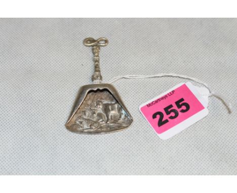 	A silver caddy spoon, the bowl embossed with farm animals. Chester 1910