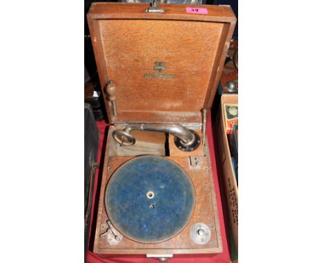 	A Decca table gramophone with amplifying speaker in lid and an Academy table gramophone