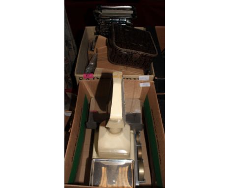 	A box of sundries and weighing scales