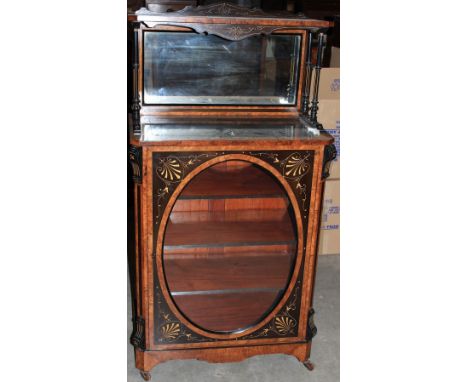 A fine Victorian aesthetic side cabinet, ebonised, burr walnut and parcel gilt. The superstructure with mirror back and shelf