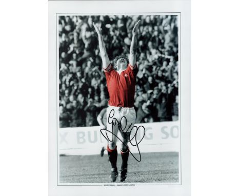 Football Gordon Hill signed 16x12 colourised print pictured celebrating while playing for Manchester United. Good Condition. 