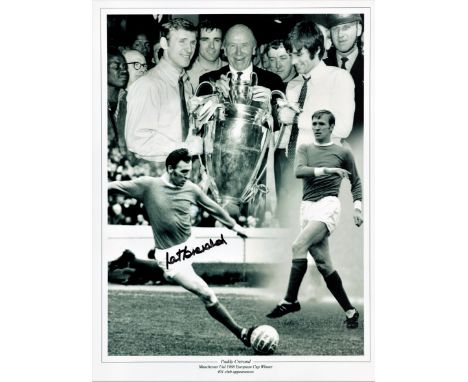 Football Pat Crerand signed 16x12 Manchester United 1968 European Cup Winner black and white montage print. Good Condition. A