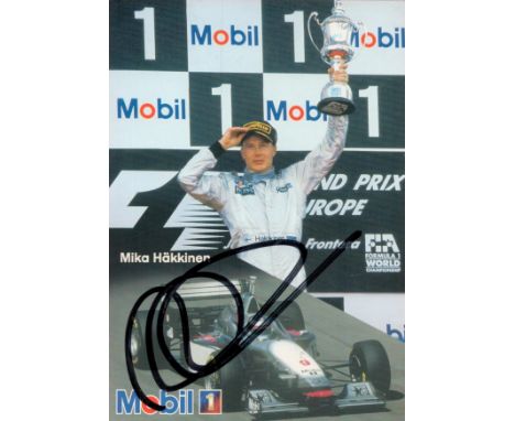 Motor Racing Mika Hakkinen signed 6x4 Mobil 1 colour promo photo. Good Condition. All autographs come with a Certificate of A