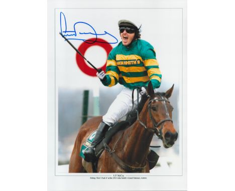 Horse Racing A.P McCoy signed 16x12 colour print pictured winning the 2010 Grand National on 'Don't Push It'. Good Condition.