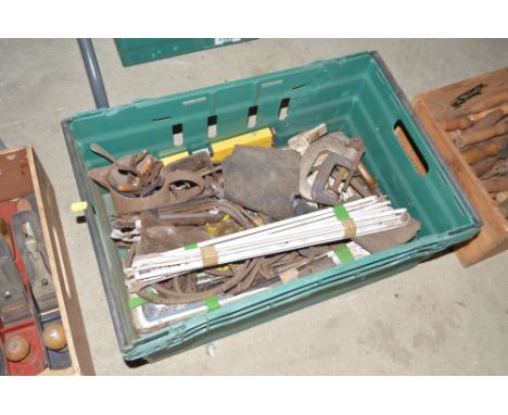 A box and contents containing various G clamps, tools, oddments etc.