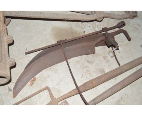 Two Vintage scythe blades and a collecting cradle