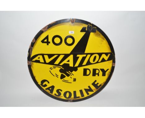 A circular enamel advertising sign for "Aviation Gasoline", 29ins dia. approx.