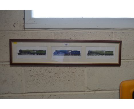 A coloured print depicting three classic Gresley locomotives to include Flying Scotsman, Mallard and Tornado