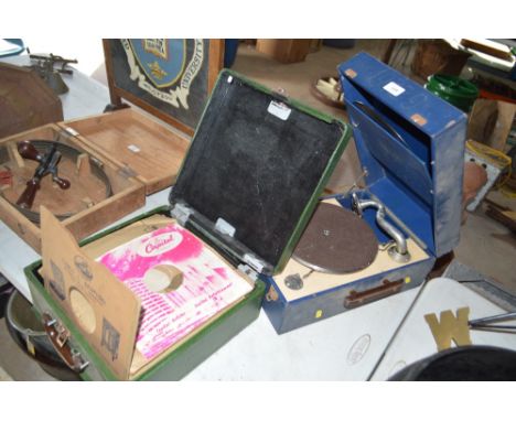A Decca 50 wind-up gramophone and a gramophone record storage case and contents of some 78rpm records, some distributed by Ca