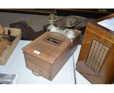 A Vintage shop till, and a set of kitchen scales with Avery weights