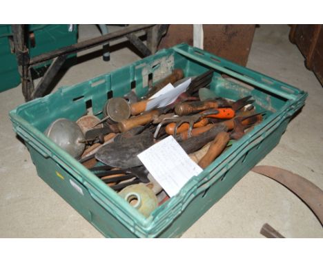 A collection of various small Vintage garden hand tools to include trowels, forks, pruning knives etc.