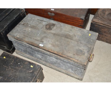 A late Victorian painted pine toolbox, flanked by carrying handles