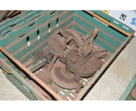 A tray box containing Vintage jacks, grinding wheels etc.