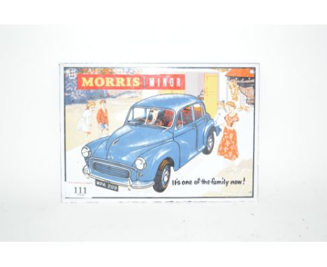 An enamel advertising sign for "Morris Minor", 7.5ins x 10ins. approx.&nbsp;