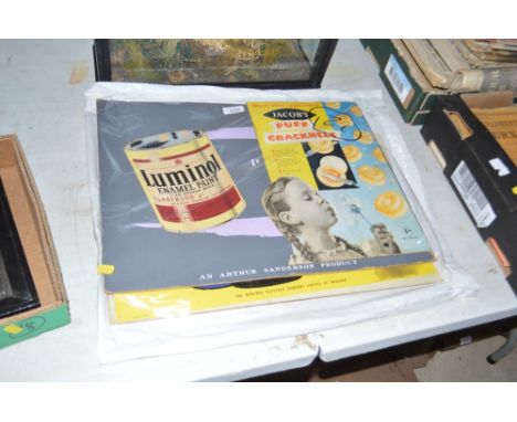 A collection of Vintage advertising including six show cards and two tin signs