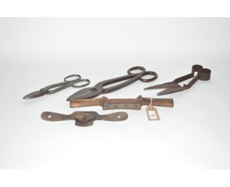 Two pairs of Vintage cast iron scissors; a pair of shears and two spoke shaves