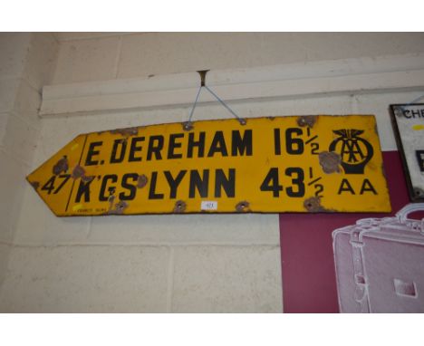 An enamel A.A. road sign for "East Dereham 16.5 miles, Kings Lynn 43.5 miles", 10ins x 38ins approx.